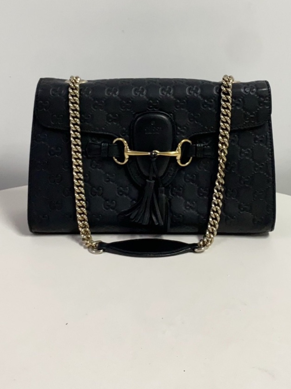 Gucci Black Embossed Leather Shoulder Bag with Gold Chain